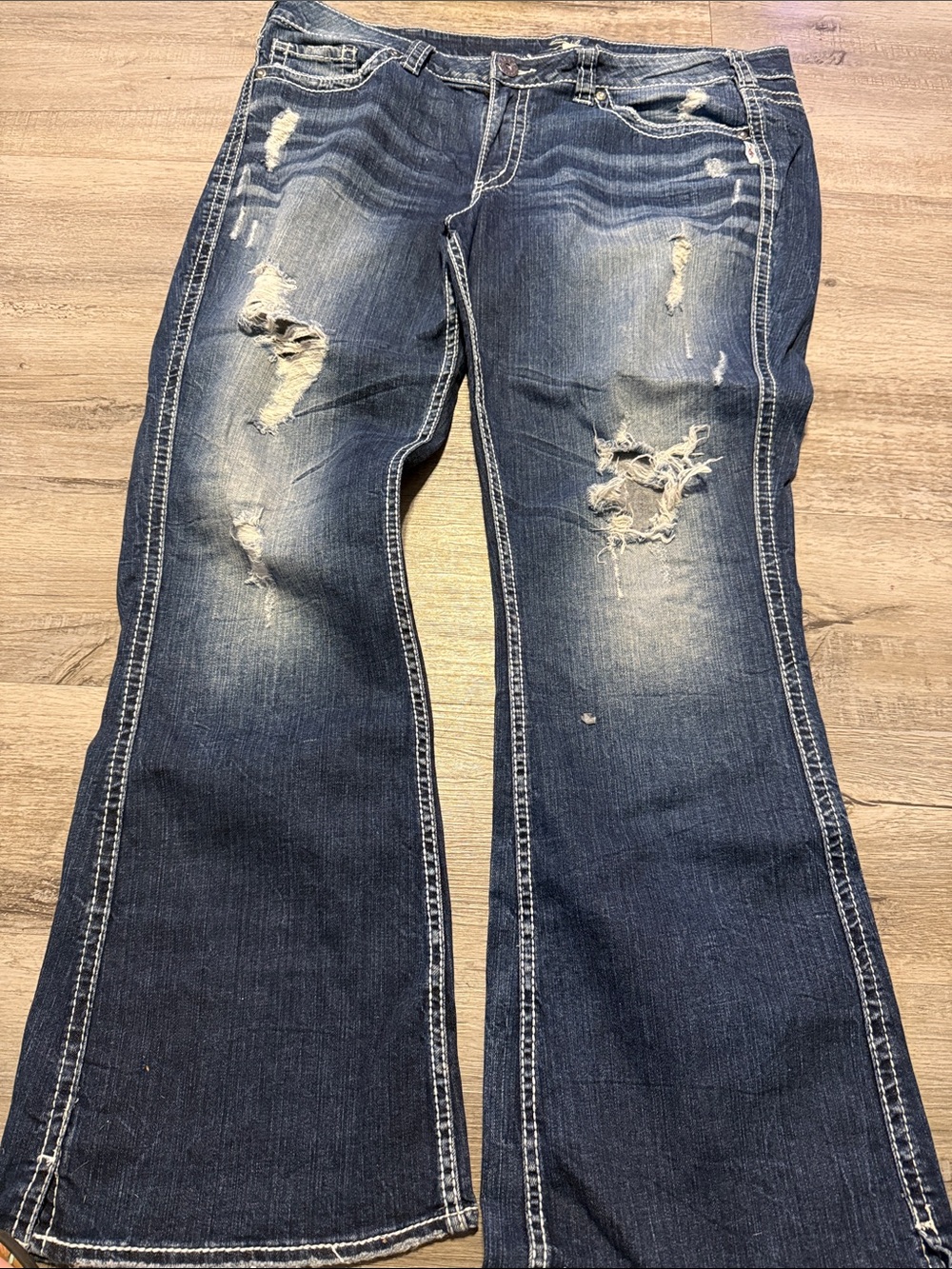 Silver Jeans Dark Blue Distressed Flare Jeans